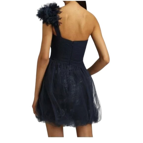 BCBG MAXAZRIA Dark Blue Grey Metallic Tulle Overlay One Shoulder Dress 6 - Picture 2 of 16